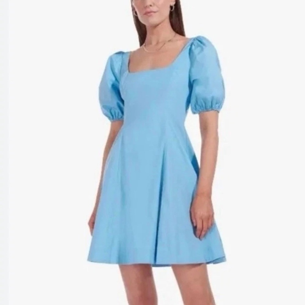 Staud Laelia Puff Sleeve Mini Dress 12 Light Blue Cotton Poplin Square‎ Neck